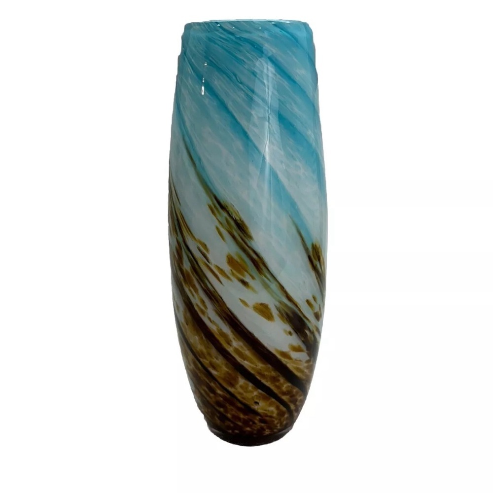 Amazing HQT  Handmade Home Design Art Glass Vase 13.5" Turquoise Brown & White